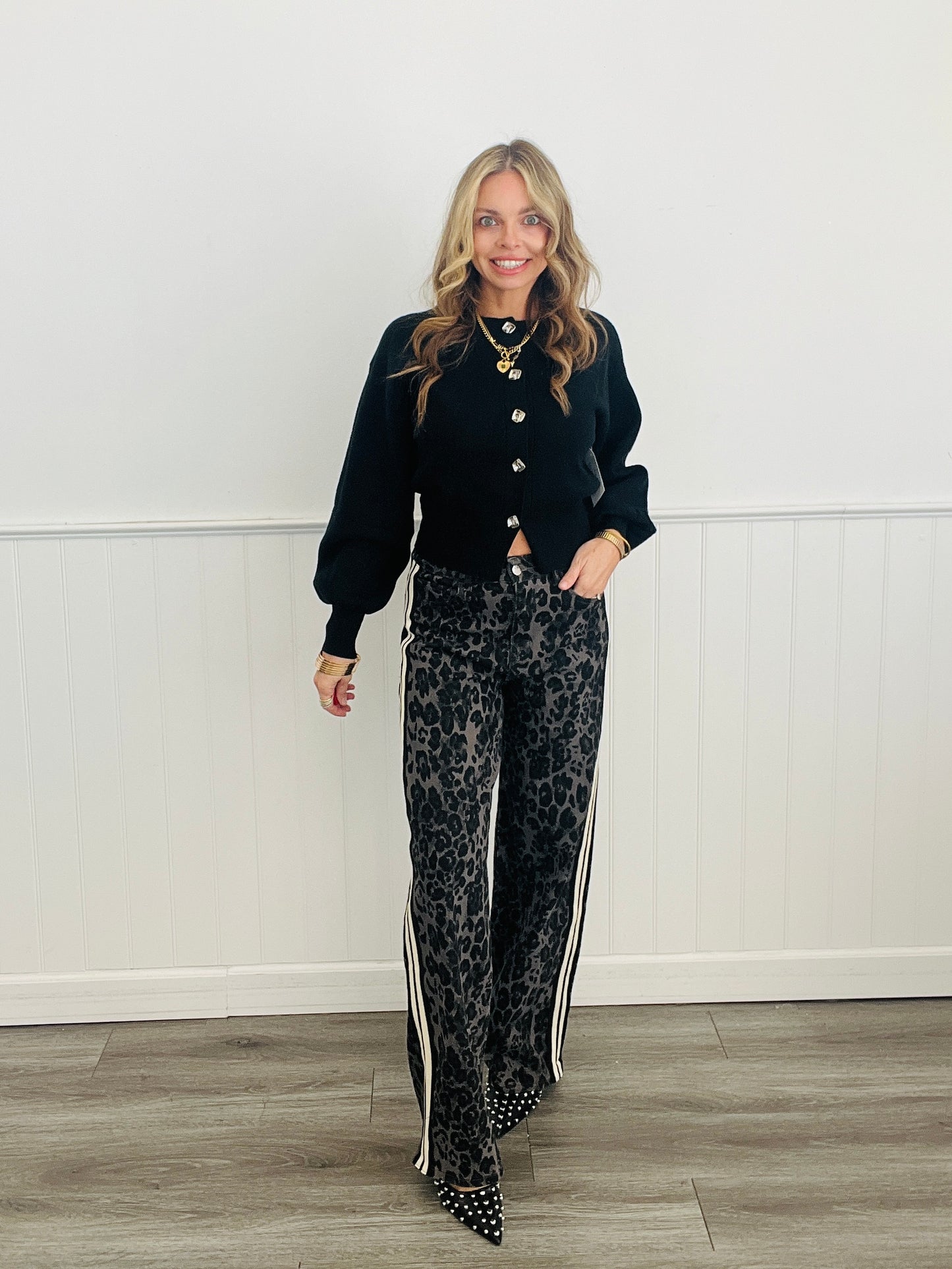 Black Leopard Side Stripe Pants (Reg.)