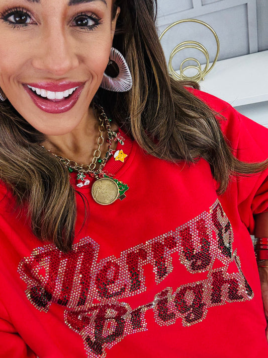 Queen Of Sparkles Red Rhinestone Merry & Bright Sweatshirt (Reg. and Plus)