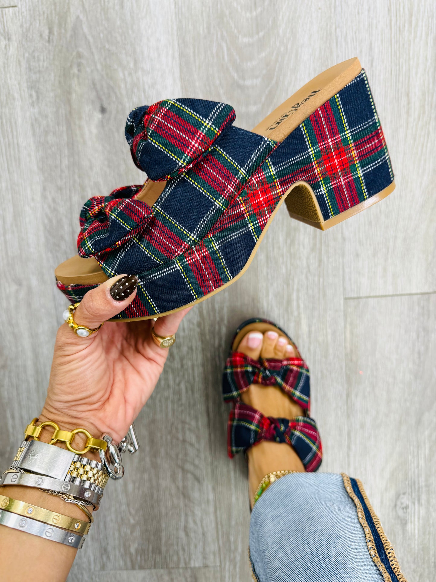 Corkys Navy Plaid Put A Bow On It Sandals