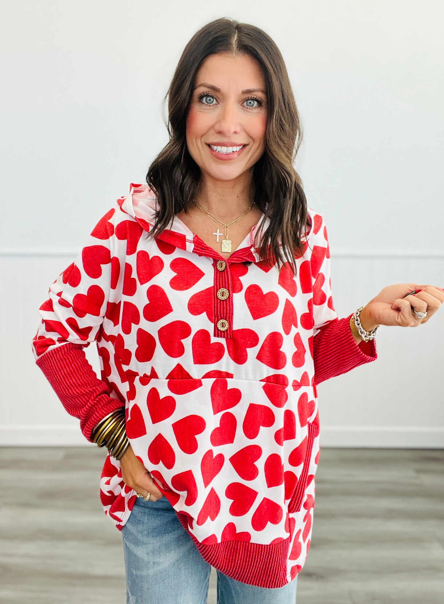 Ivory/Red Bold Hearts Hoodie Top (Reg & Plus)