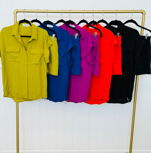 Cap Sleeve Button Up Top & Shorts Set (Reg. and Plus) - 5 Colors