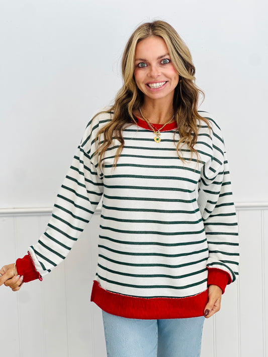 Off White/Hunter Green Striped Sweater (Reg & Plus)