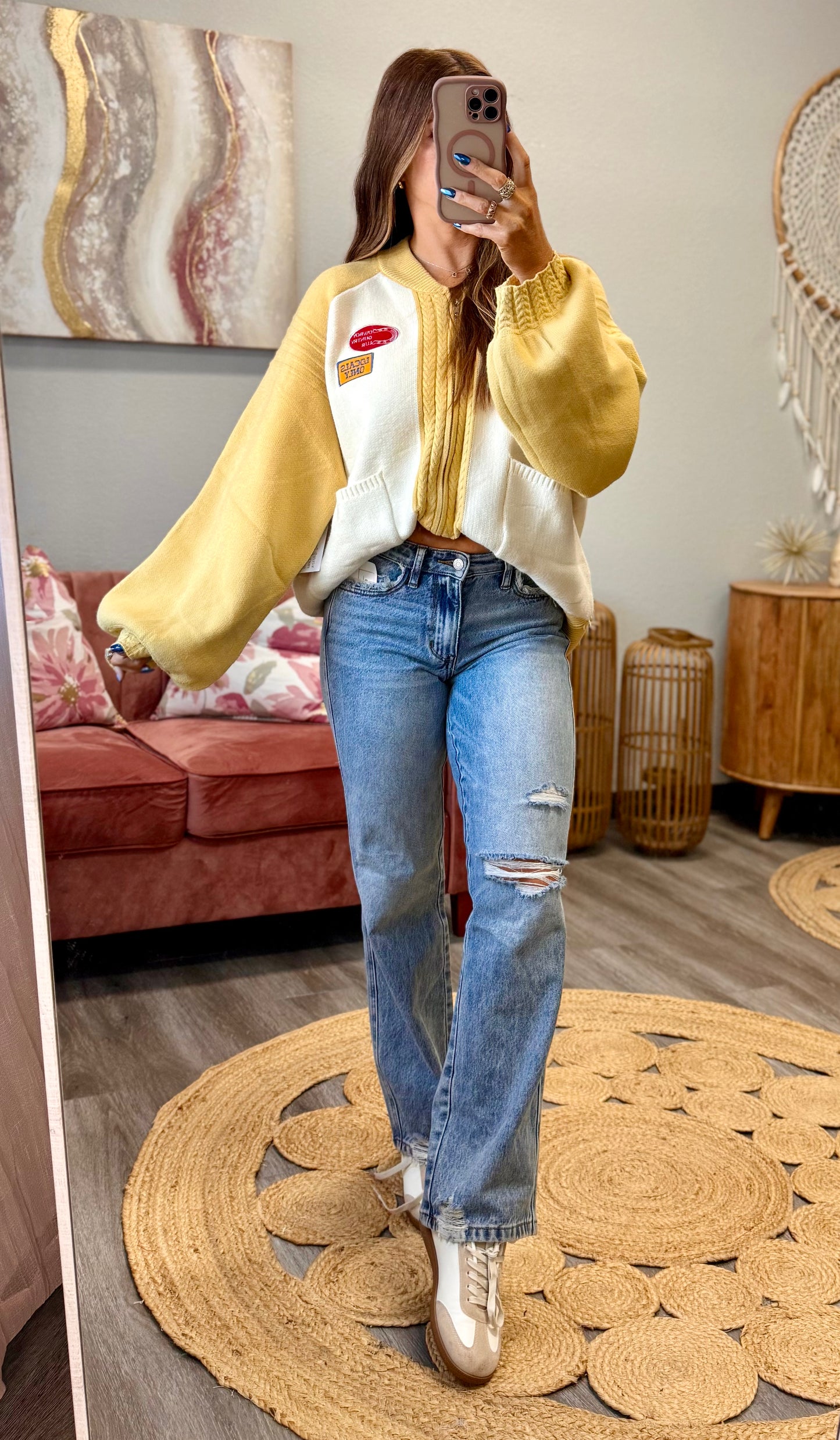 Western Patch Zip Up Sweater Jacket (Reg. and Plus) - 2 Colors