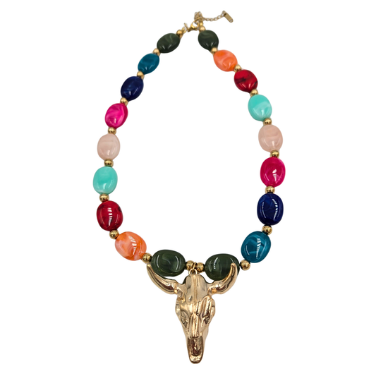 Jennifer Thames - Multicolor Necklace with Gold Skull Pendant