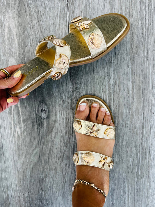 Gold Talk To The Sand Sandals