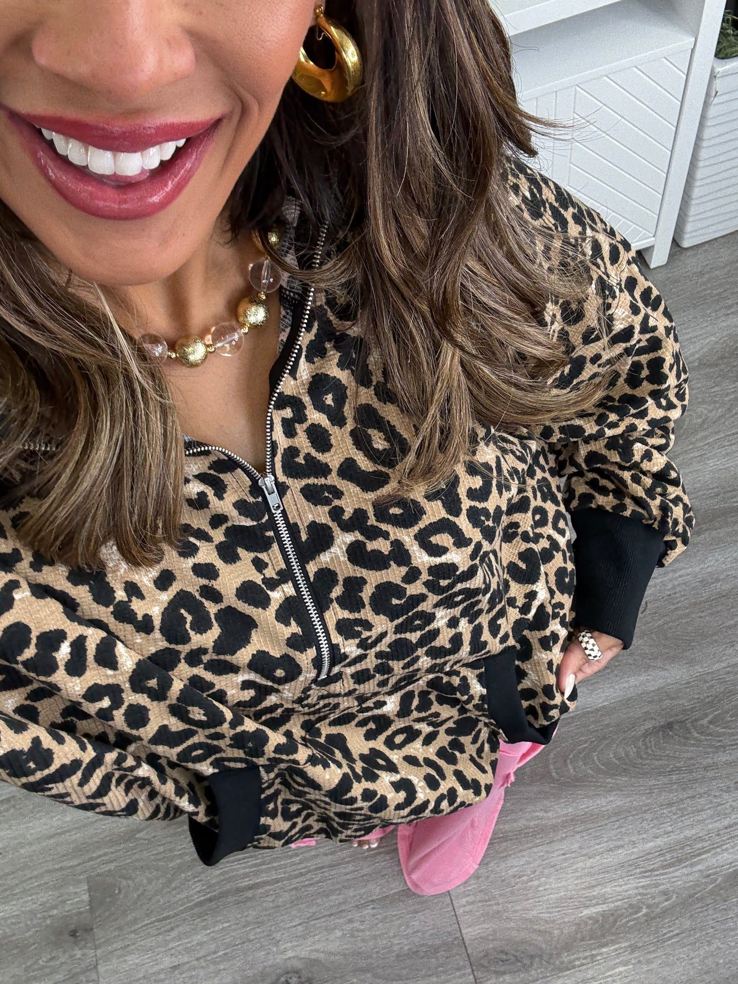 Leopard Waffle Half Zip Hoodie (Reg)