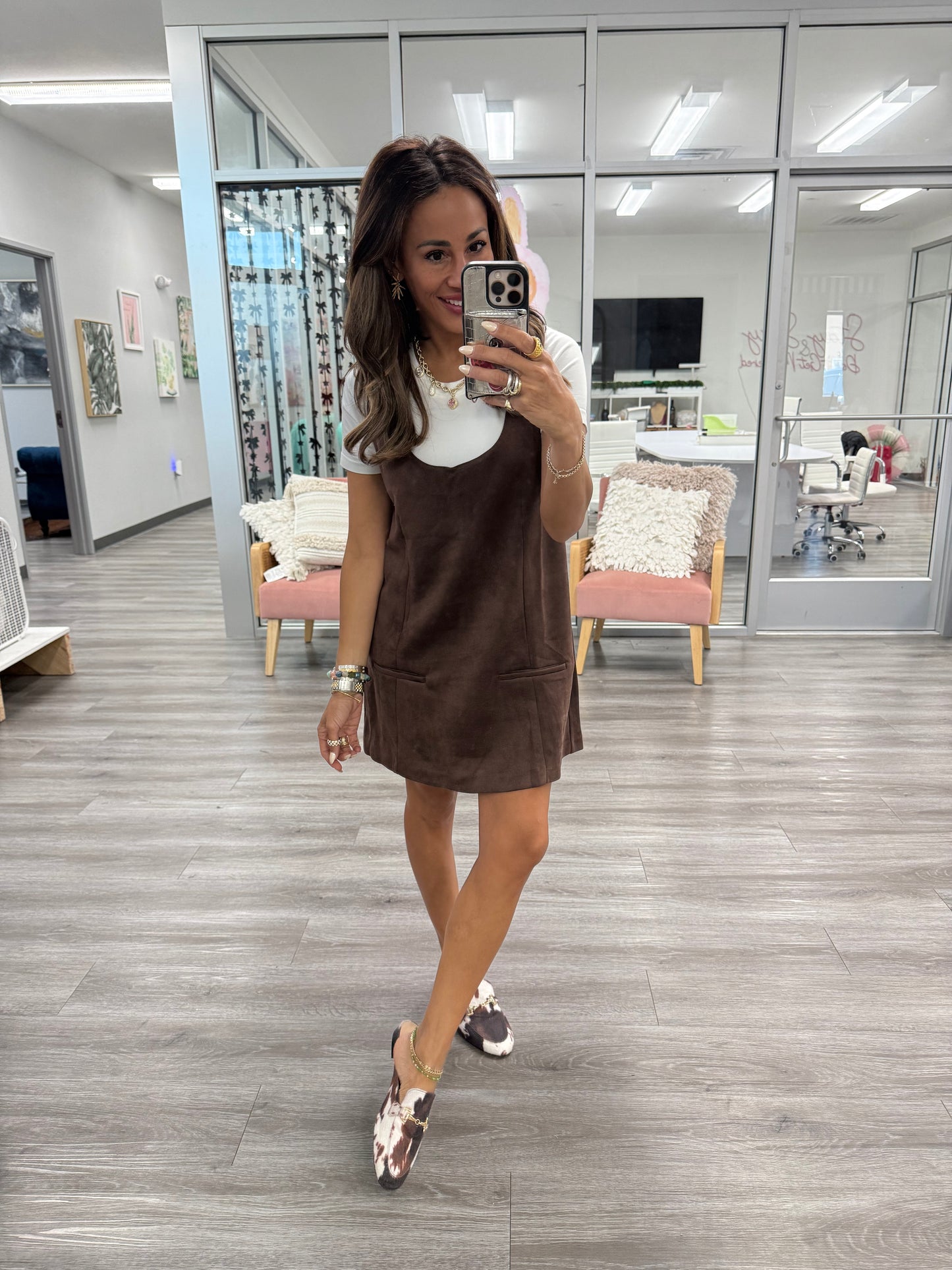 Chestnut Faux Suede Shift Mini Dress (Reg.)