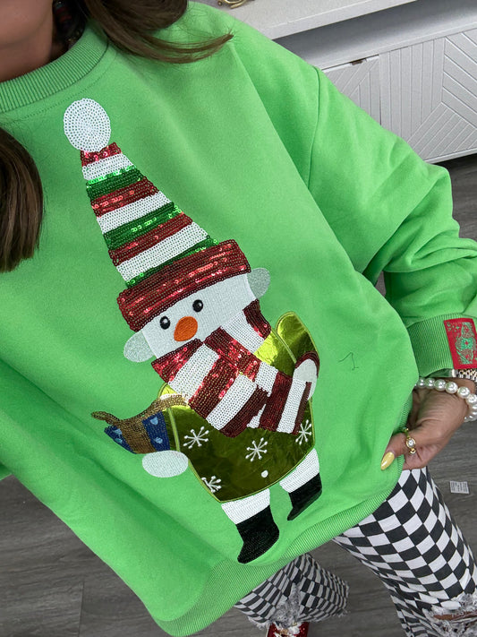 Queen Of Sparkles Bright Green Christmas Snowman Sweatshirt (Reg. and Plus)