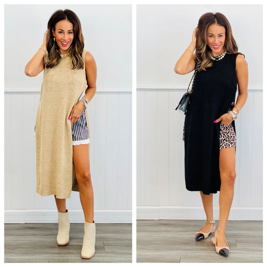 Sleeveless Side Slit Gold Button Sleeveless Sweater Top (Reg.) - 2 Colors