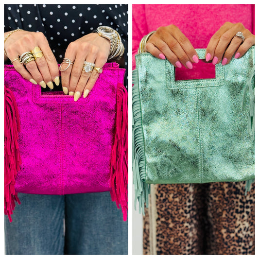 Italian Leather Metallic Crossbody Fringe Bag (2 colors)