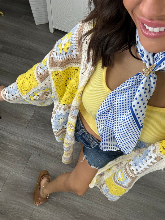 POL Yellow Multi Longline Crochet Cardigan (OS)