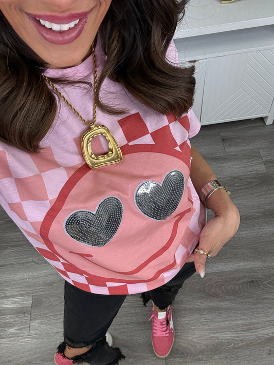 Pink Sequin Heart Eyes Happy Face Graphic Tee (Reg. and Plus)