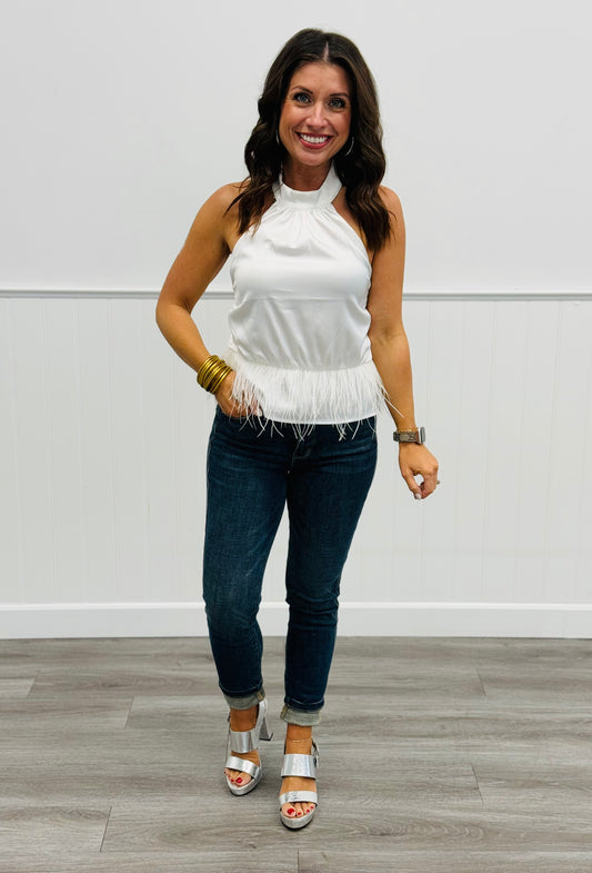 White Satin Feathery Halter Top (Reg)