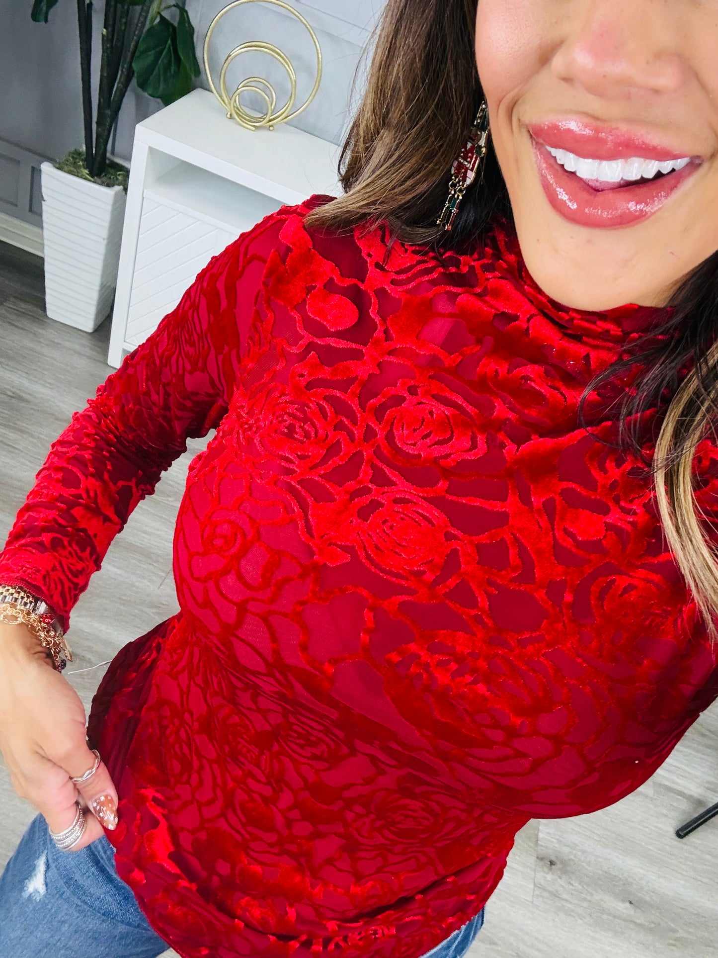 Red Velvet Floral Burnout Top (Reg & Plus)