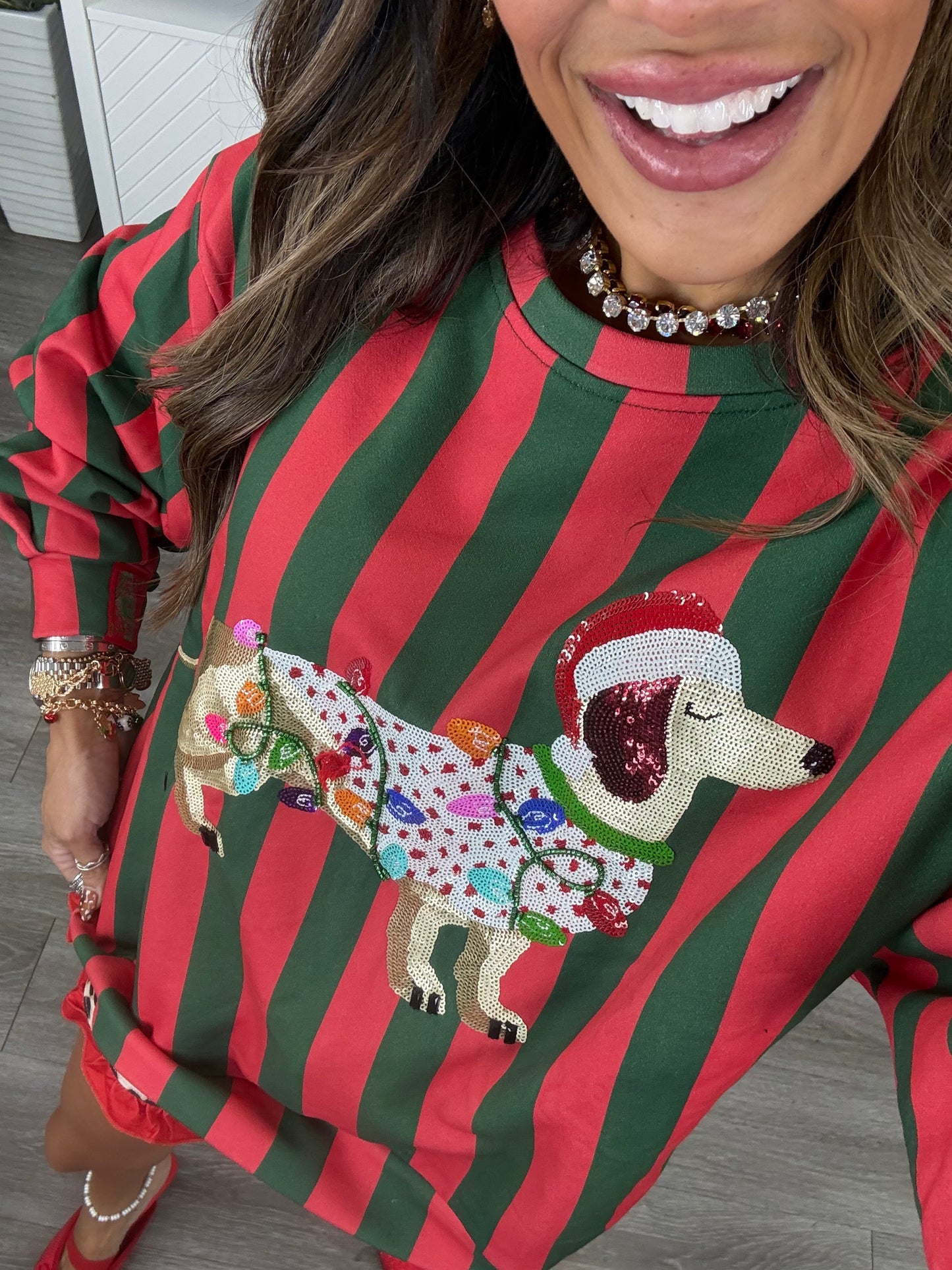 Queen Of Sparkles Green & Red Striped Weenie Dog Sweatshirt (Reg. & Plus)