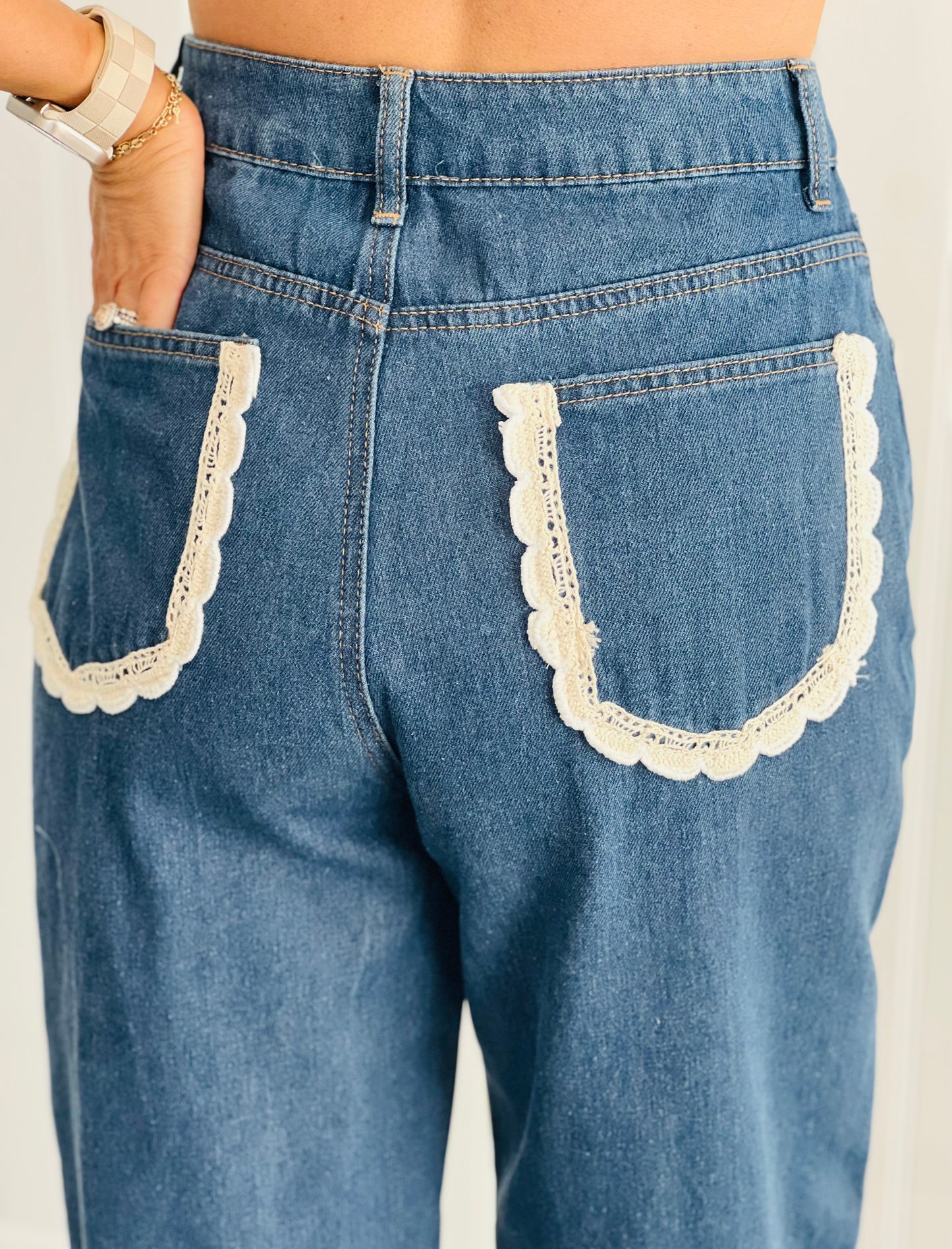 Crochet Trim Denim Jeans (Reg & Plus)