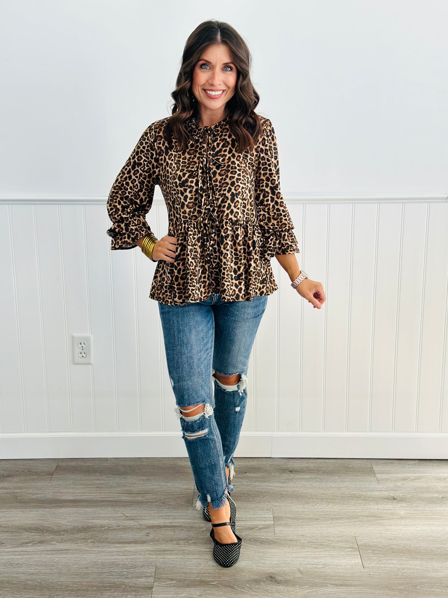 Leopard Bow Tie Blouse (Reg & Plus)