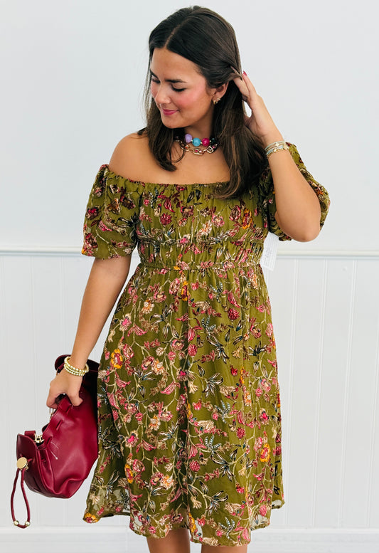 Olive Multi Burnout Velvet Square Neck Mini Dress (Reg. and Plus)