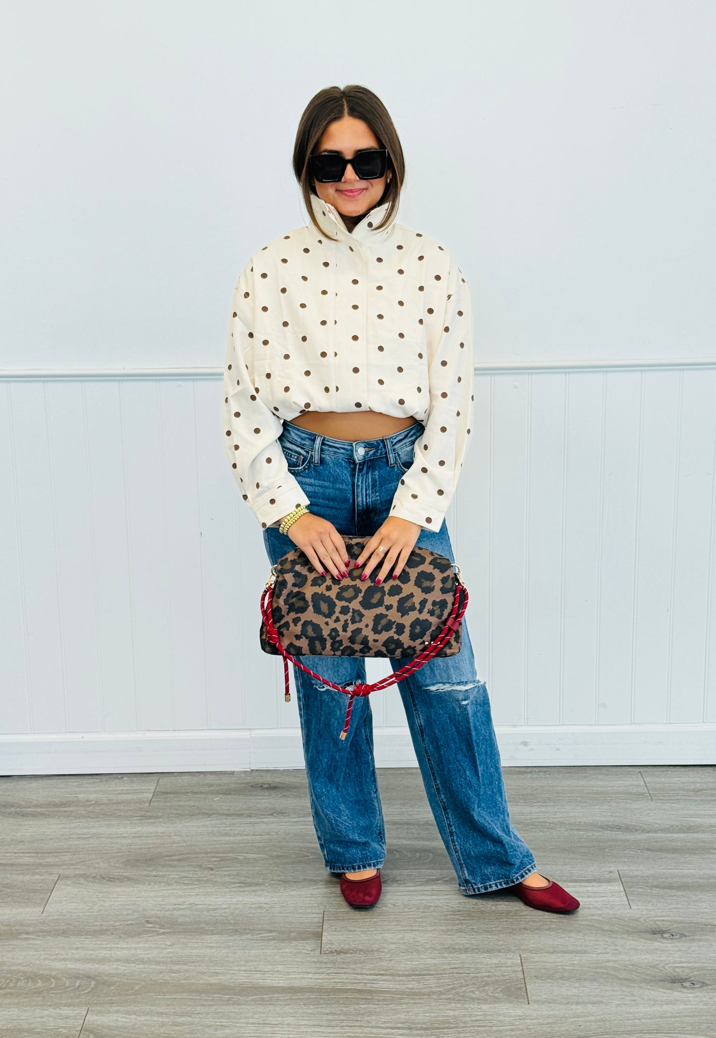 Ivory/Brown Polka Dot Zip Up Jacket (Reg. & Plus)