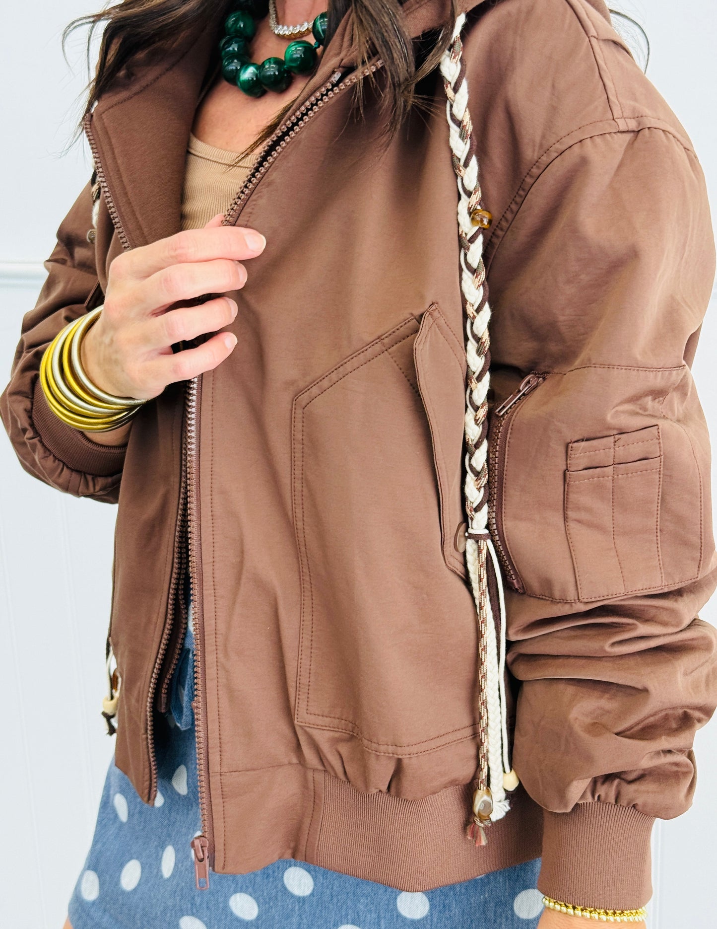 Dark Brown Braided Drawstring Bomber Jacket (Reg & Plus)