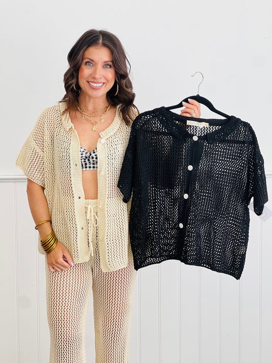 Cover Up Crochet Button Down Top (Reg. and Plus) - 2 Colors