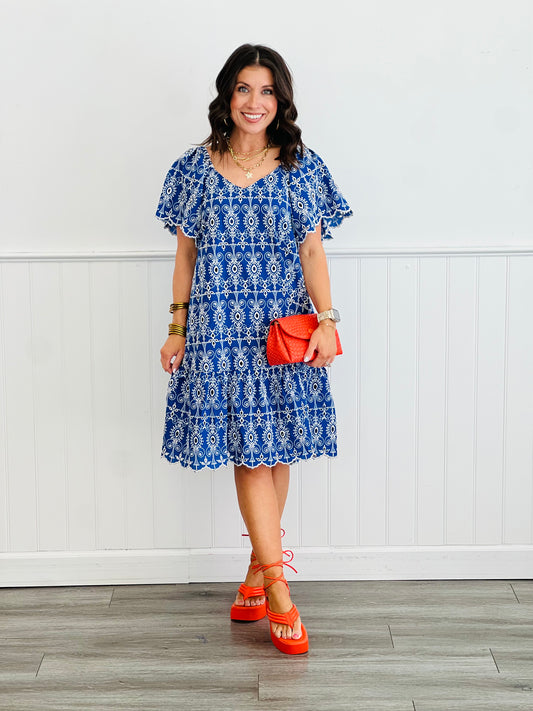 Royal/White Relaxed Eyelet Scalloped Mini Dress (Reg. & Plus)