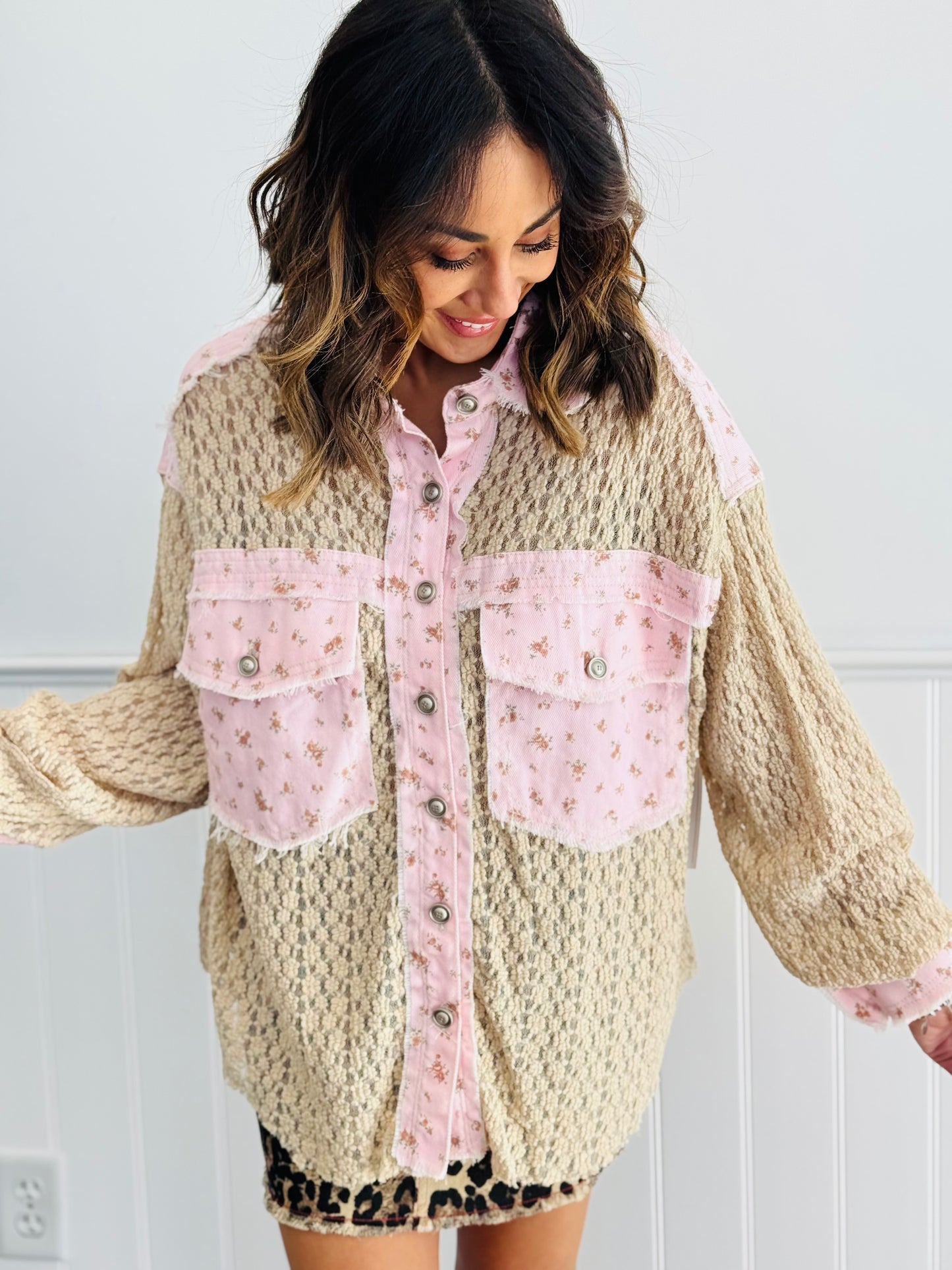 POL Pink Latte Multi Contrast Button Down Top (Reg)