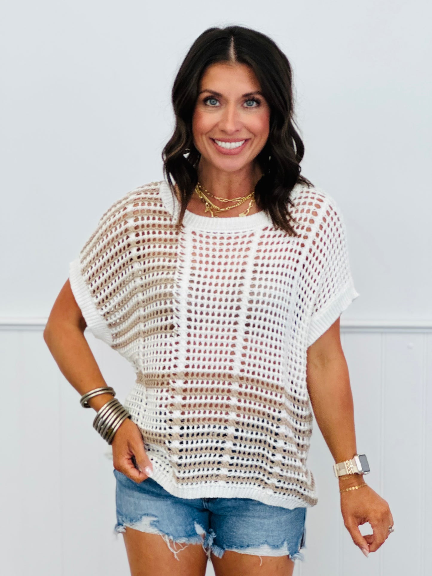 Taupe Stripe Crochet Sweater Top (Reg.)