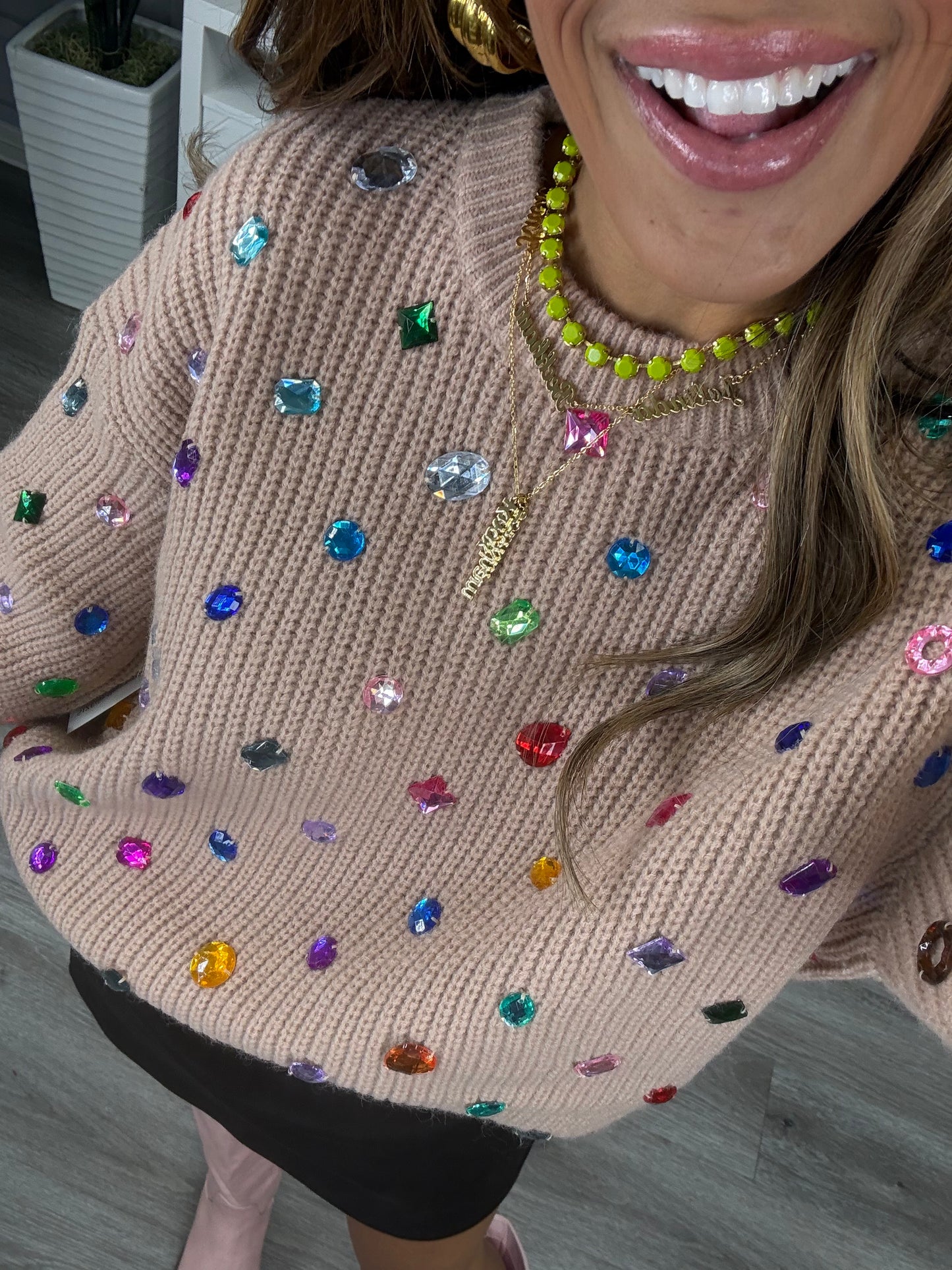 Nude Jewels Embellished Long Sleeves Sweater Top (Reg & Plus)