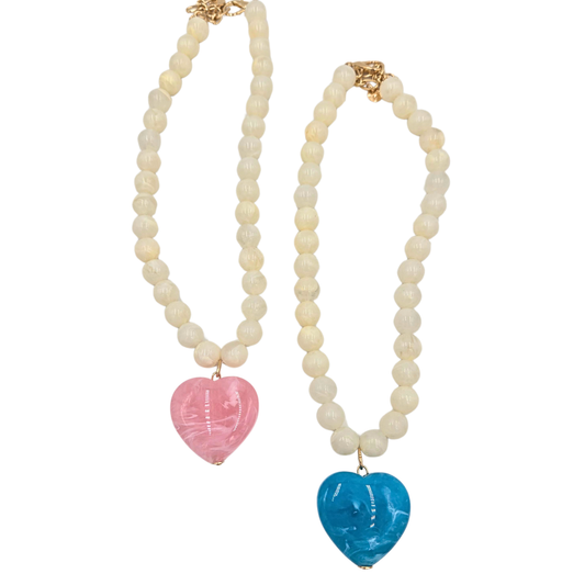 Ivory Bead & Heart Pendant Necklace (2 colors)