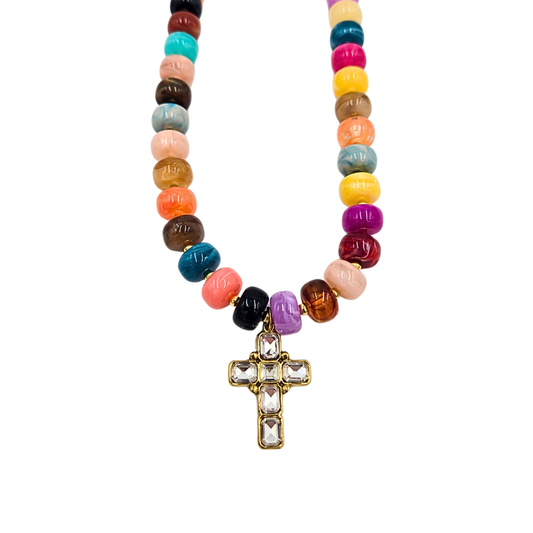 Jennifer Thames - Multicolor Beaded Necklace with Clear Cross Pendant