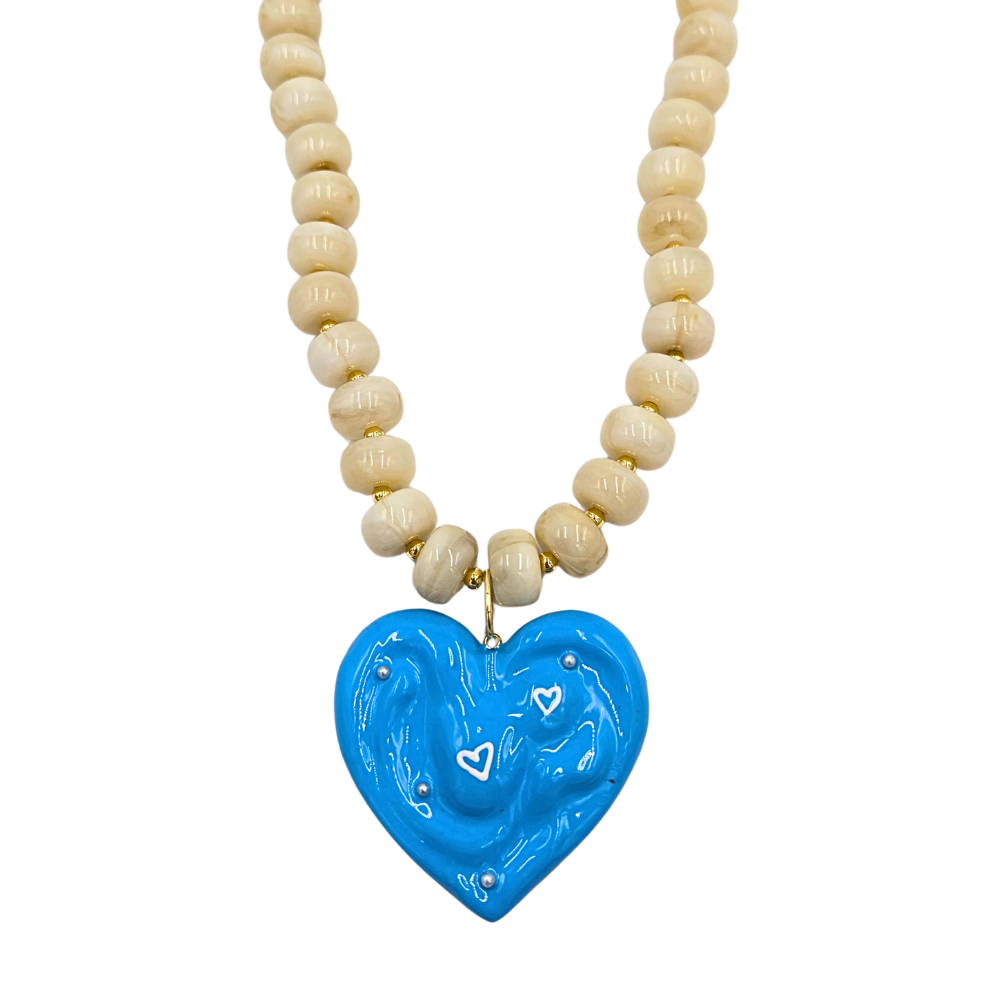 Jennifer Thames - Ivory Marble Beaded Necklace with Blue Enamel Heart Pendant