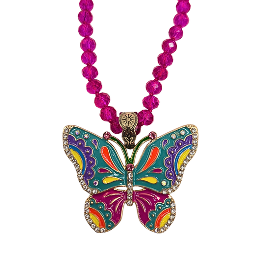 Enamel Butterfly & Fuchsia Beaded Necklace