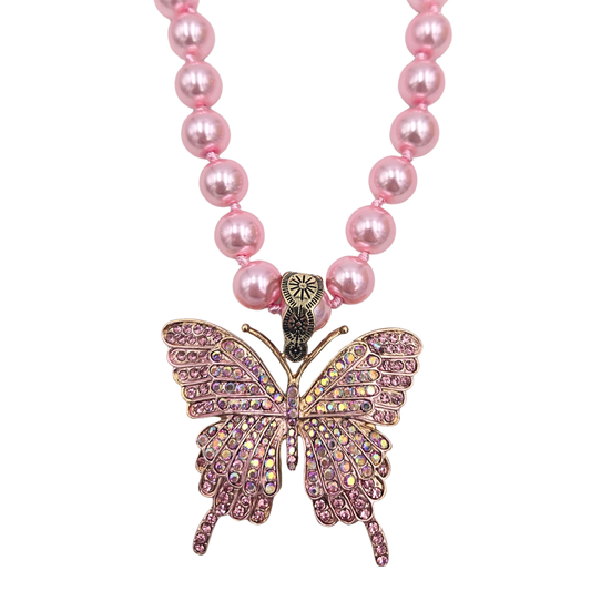 Pink Pearl Jeweled Butterfly Necklace