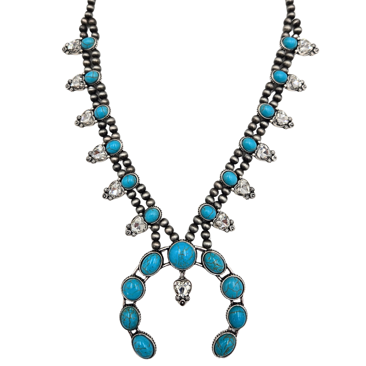 Turquoise & Clear Heart Squash Blossom Necklace