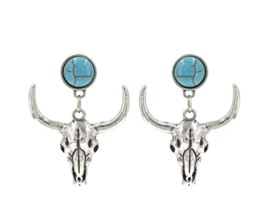 Antique Silver Longhorn and Turquoise Earrings