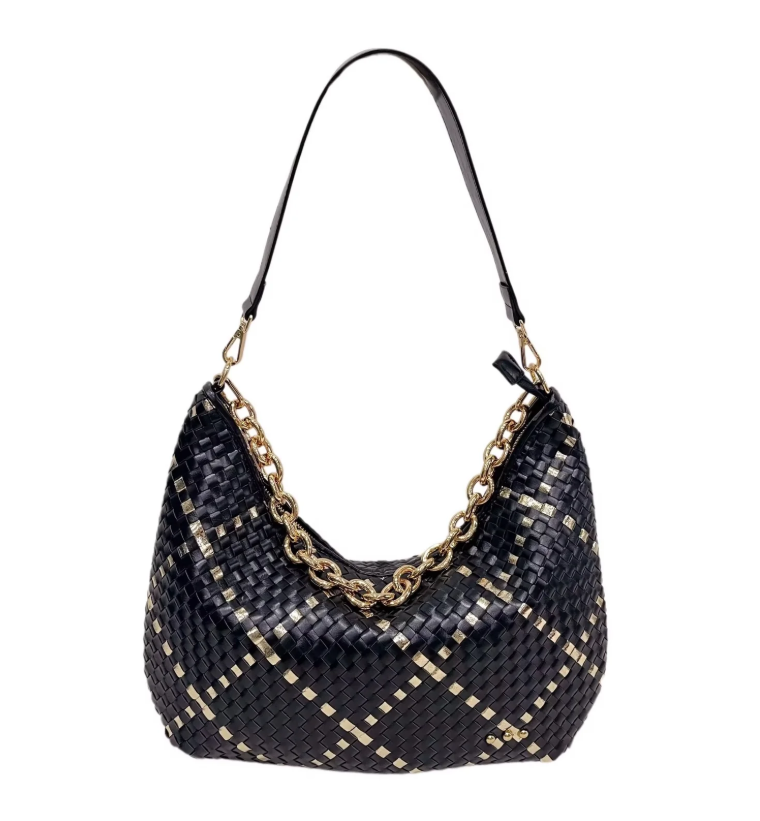 Sienna Slouchy Woven Handbag - Black & Gold Diamond