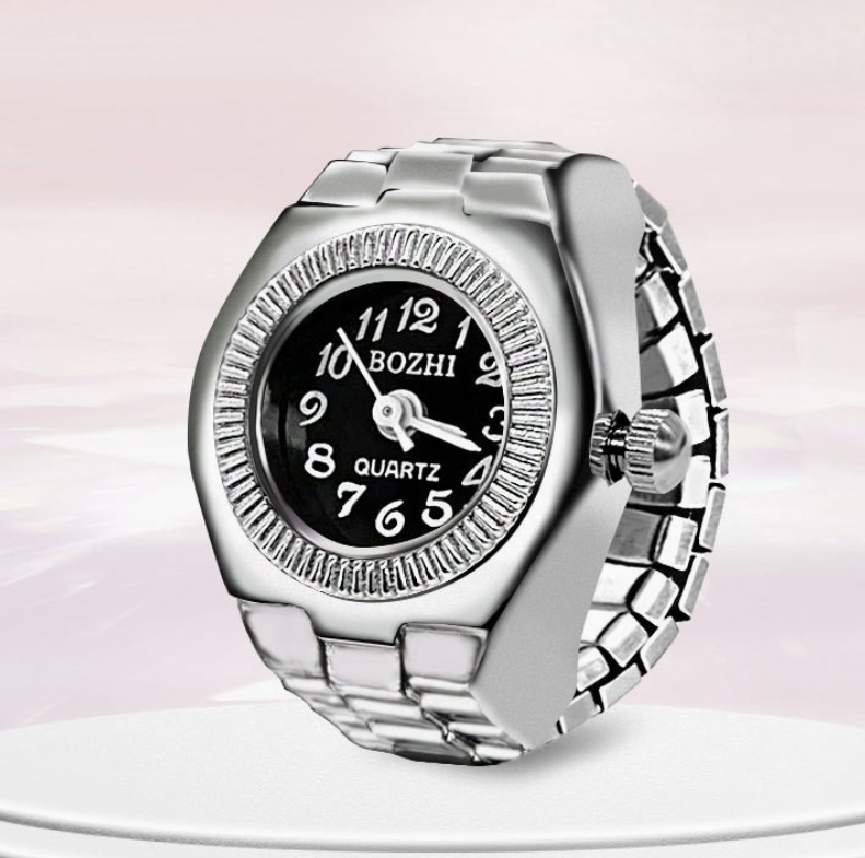 Round Silver Ring Watch - Black