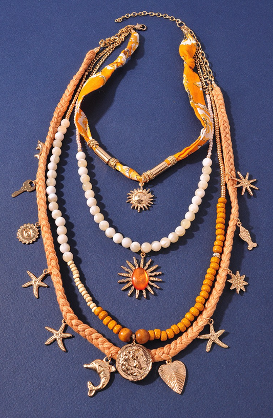 Layered Fabric Celestial Ocean Charm Necklace