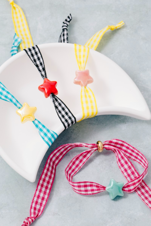 Star Charm Plaid Ribbon Bracelet Set