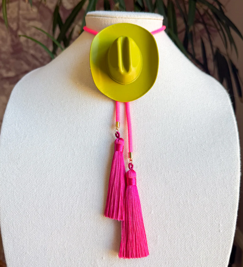 Rahya - Cowboy Hat Bolo in Olive Green with Neon Pink & Fuchsia