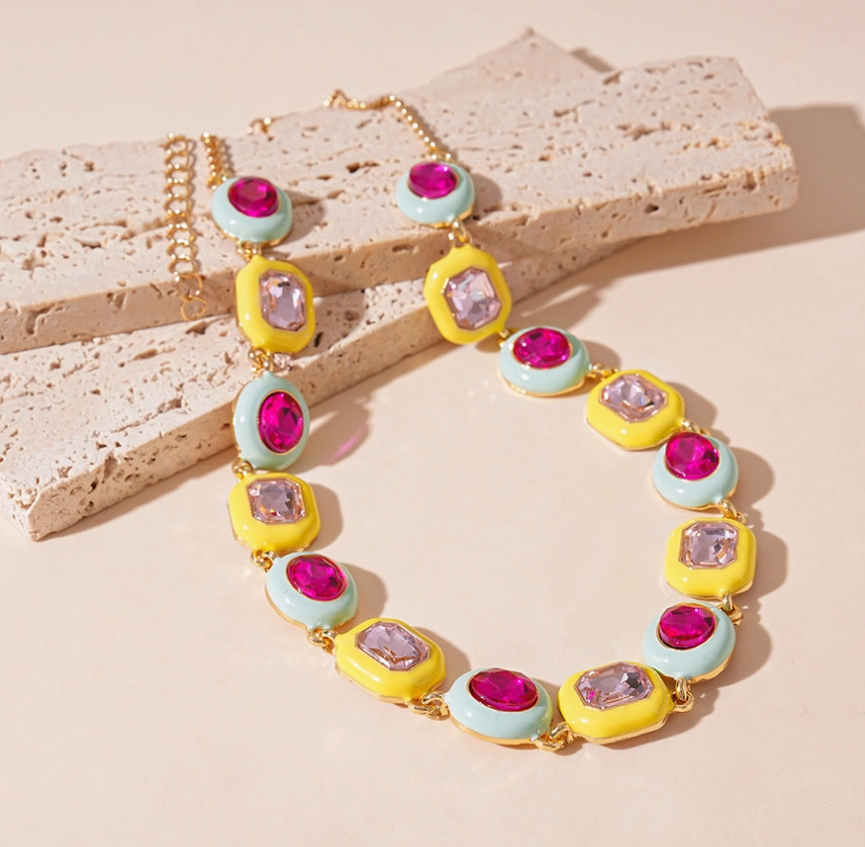 Yellow & Mint Enamel Jewel Necklace