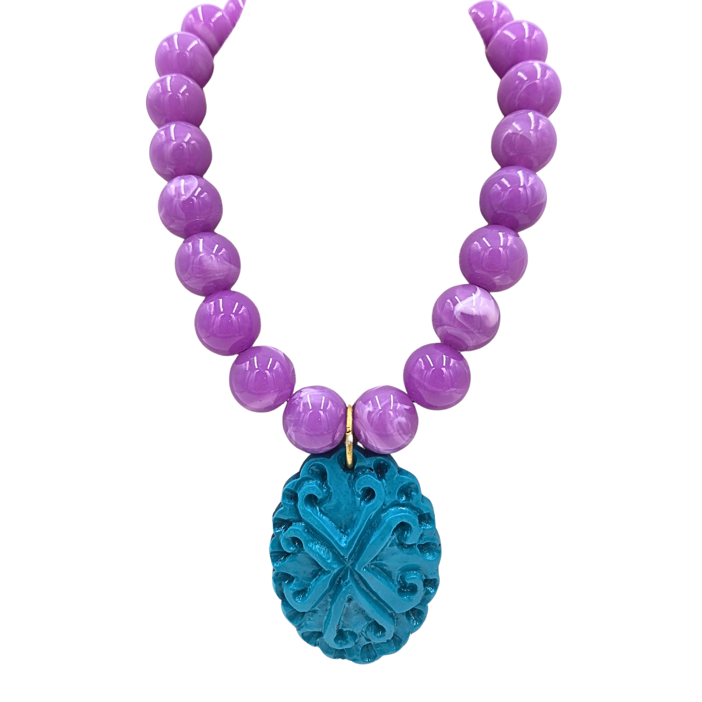 Jennifer Thames - Purple Beaded Necklace with Turquoise Pendant