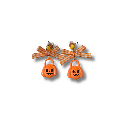 Checkered Bow Jack-o-Lantern Earrings