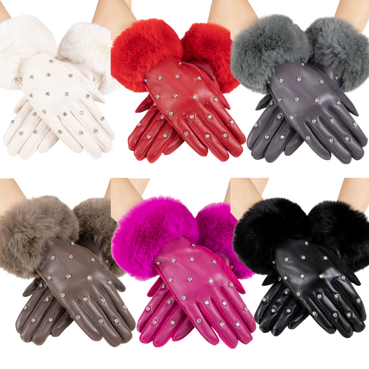 Faux Fur Cuff Rhinestone Studded Gloves (6 colors)