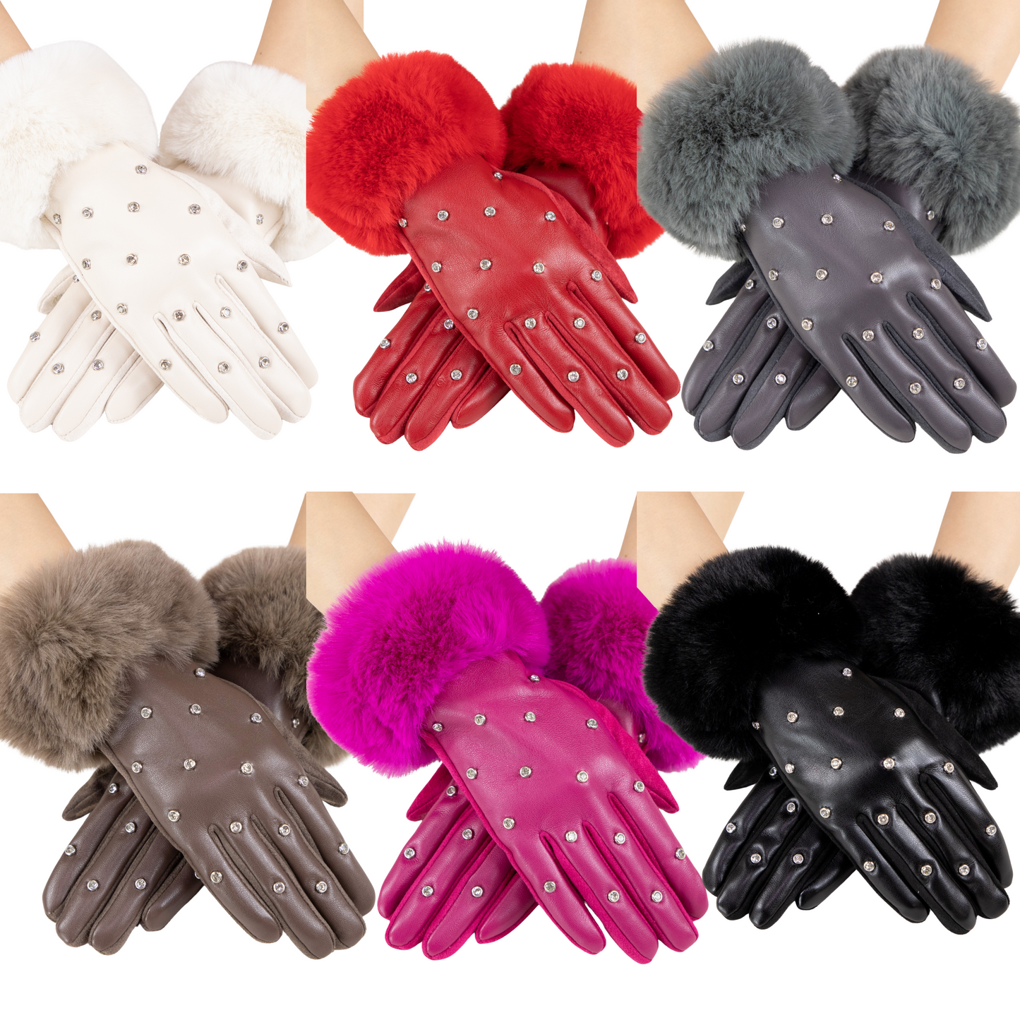 Faux Fur Cuff Rhinestone Studded Gloves (6 colors)