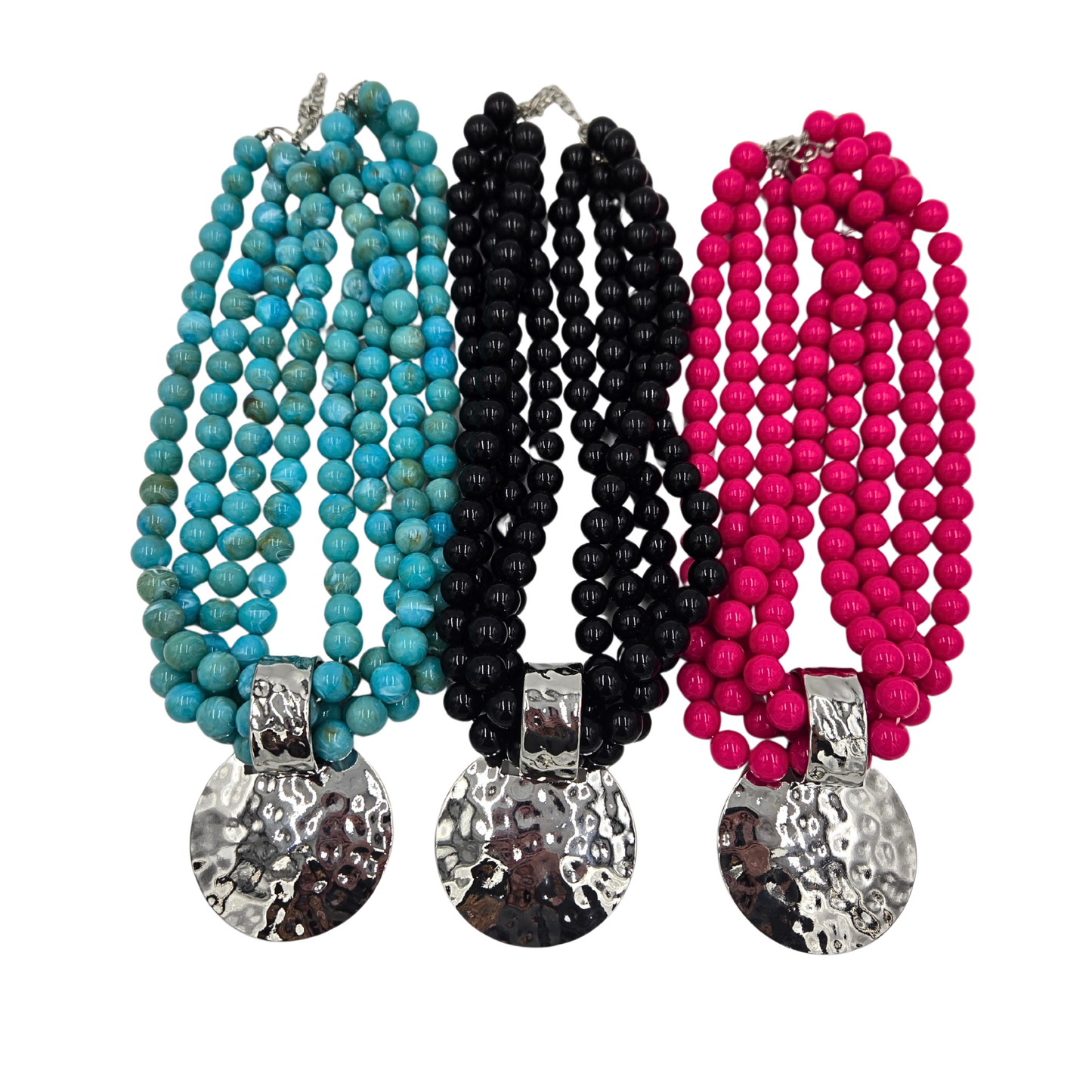 Hammered Silver Medallion Beaded Necklace (3 colors)