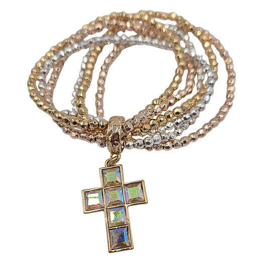 Mixed Metal Crystal Cross Bracelet