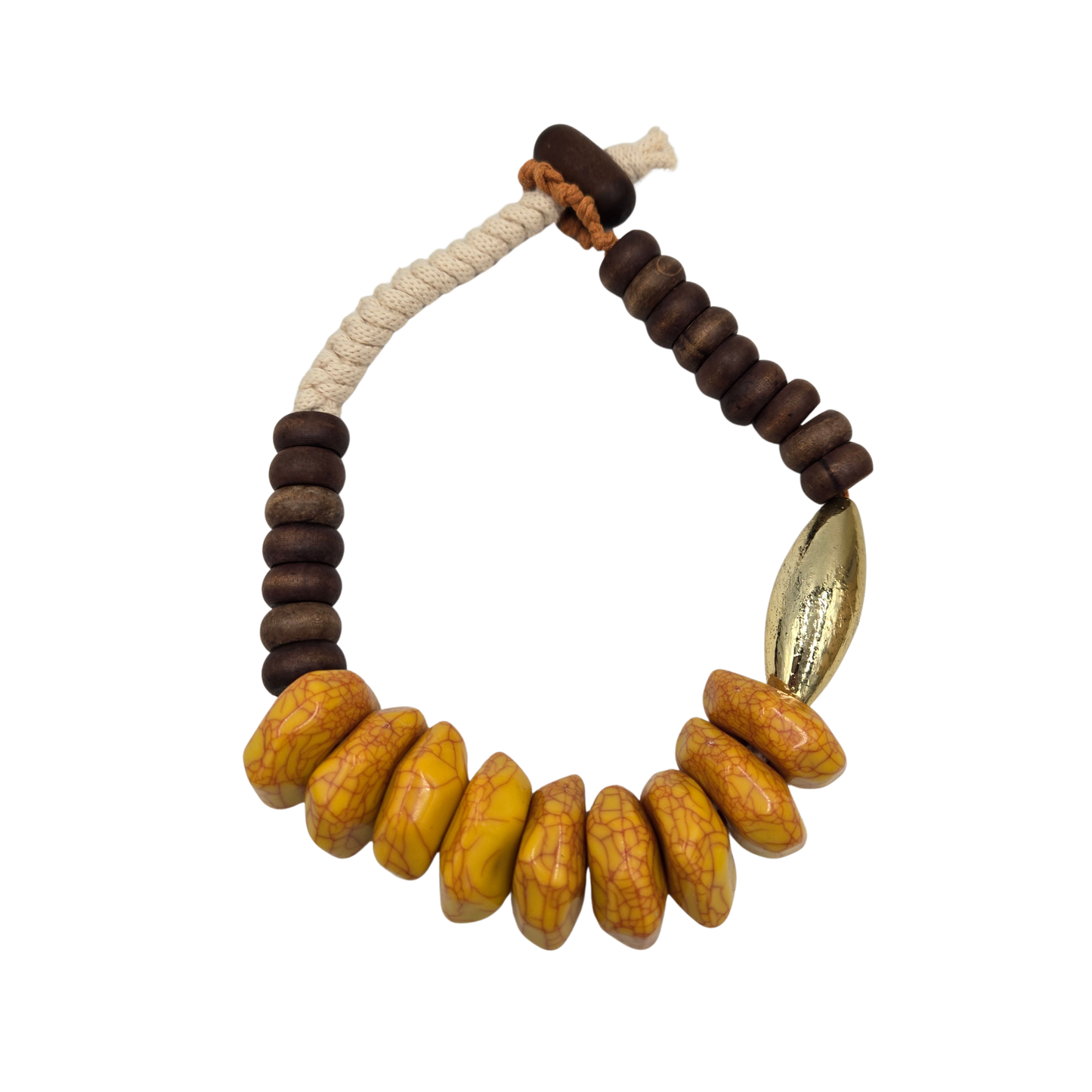 Tribal Rope Wood and Yellow Bead Necklace