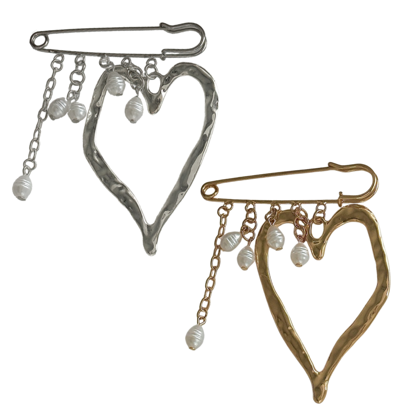 Hammered Heart & Pearl Safety Pin Brooch (2 colors)